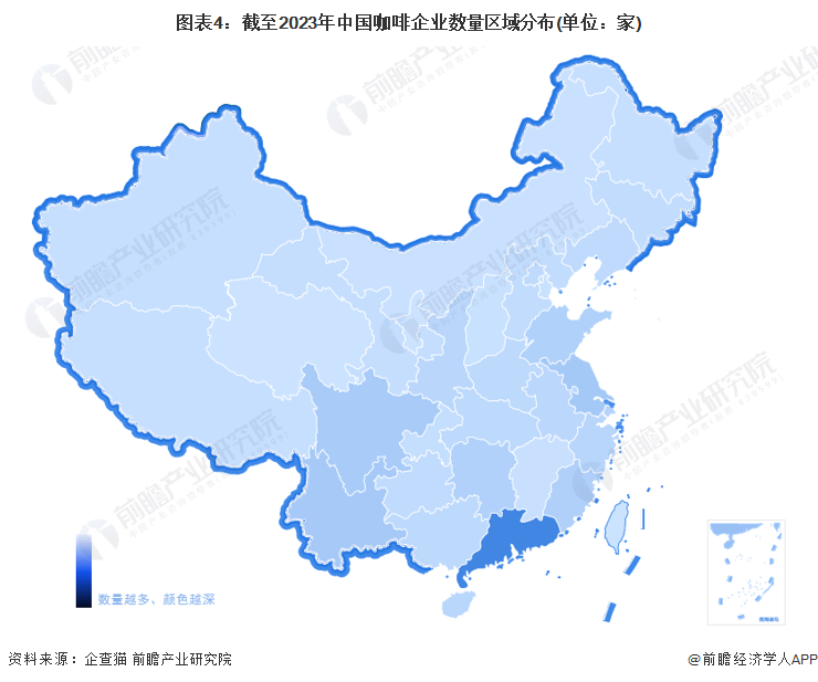 图表4：截至2023年中国咖啡企业数量区域分布(单位：家)